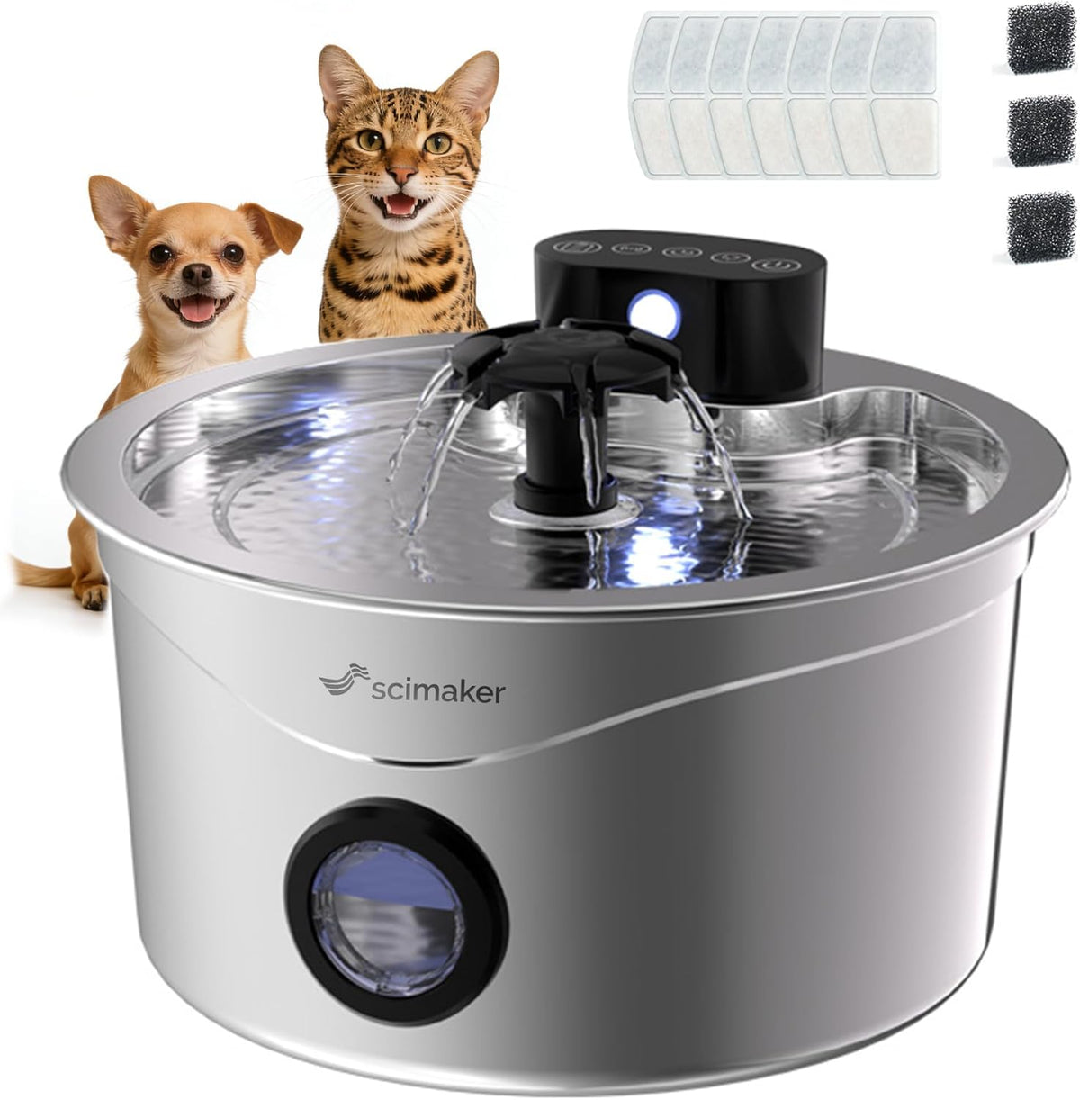 Wireless Cat Water Fountain Stainless Steel, 88Fl.Oz/2.6L Pet Water Dispenser Long-Lasting 4000Mah Battery with 7 Filters & 3 Sponges for Cats Dogs Indoor