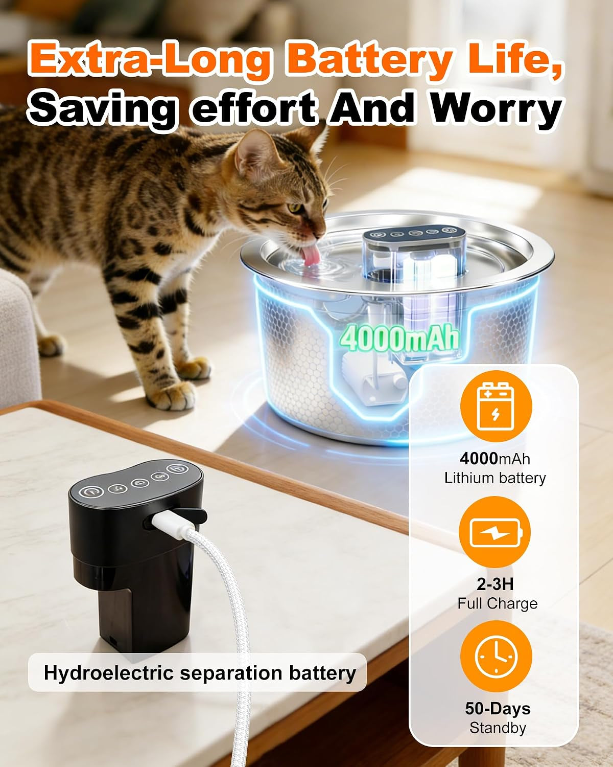 Wireless Cat Water Fountain Stainless Steel, 88Fl.Oz/2.6L Pet Water Dispenser Long-Lasting 4000Mah Battery with 7 Filters &amp; 3 Sponges for Cats Dogs Indoor