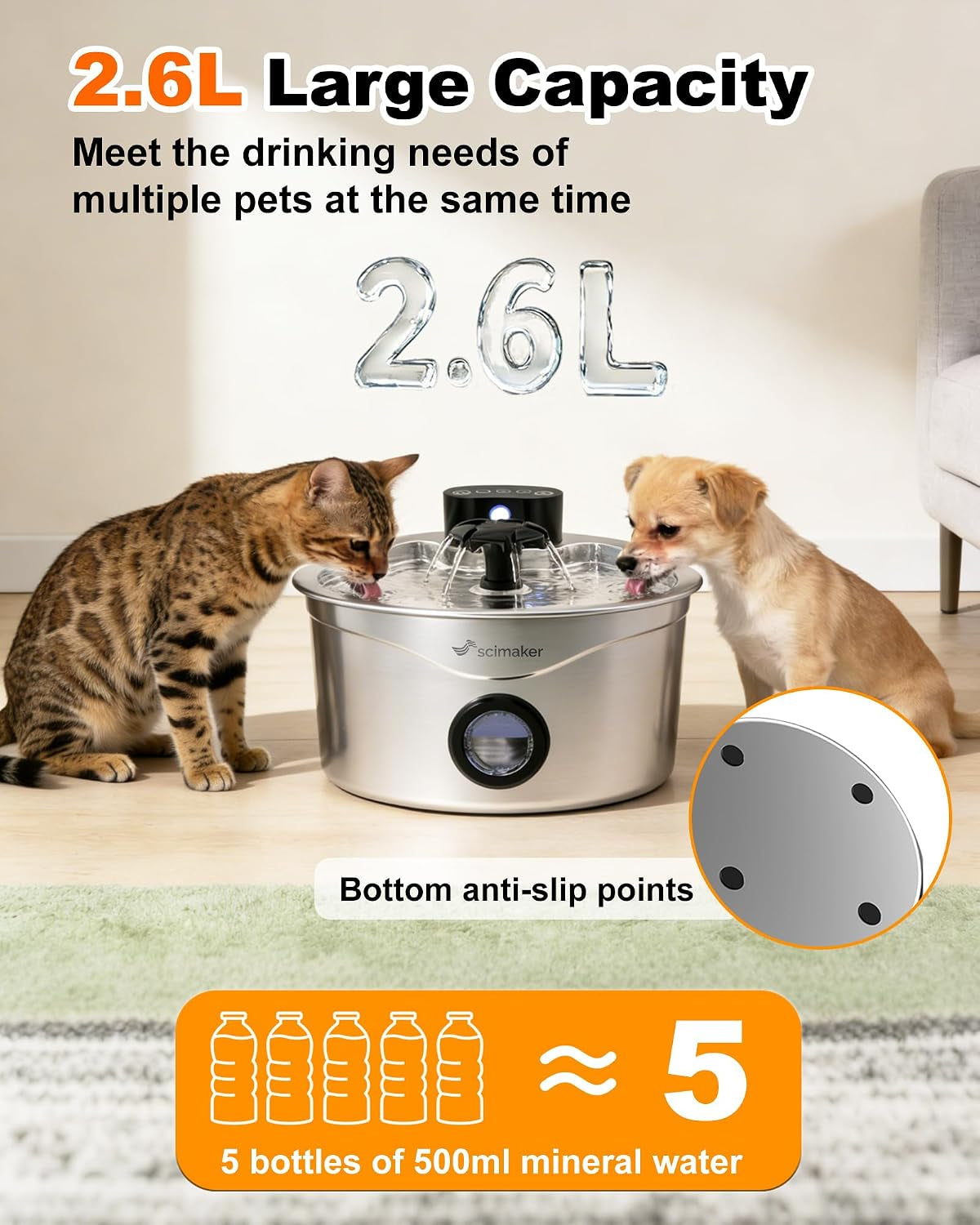 Wireless Cat Water Fountain Stainless Steel, 88Fl.Oz/2.6L Pet Water Dispenser Long-Lasting 4000Mah Battery with 7 Filters &amp; 3 Sponges for Cats Dogs Indoor